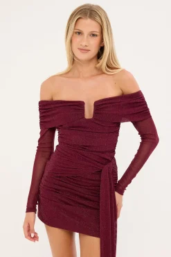 Bella Off Shoulder Long Sleeve Mini Dress Burgundy