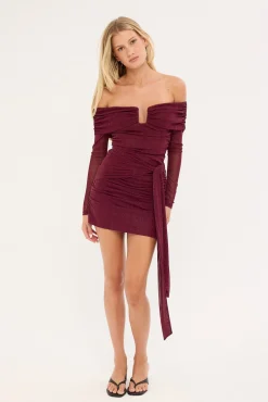 Bella Off Shoulder Long Sleeve Mini Dress Burgundy
