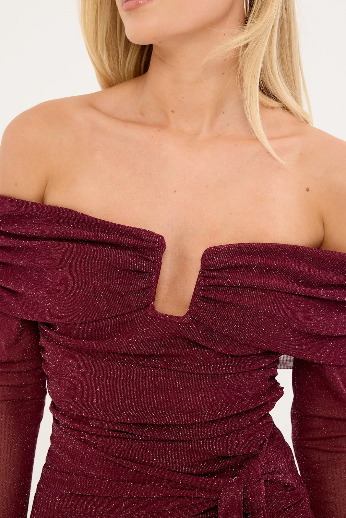 Bella Off Shoulder Long Sleeve Mini Dress Burgundy