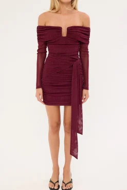 Bella Off Shoulder Long Sleeve Mini Dress Burgundy