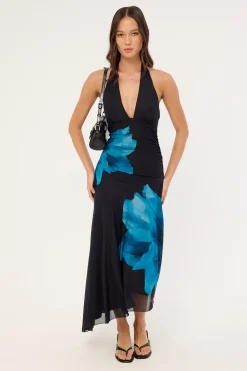 Belle Halter Midi Dress Blue Print