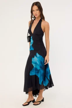Belle Halter Midi Dress Blue Print