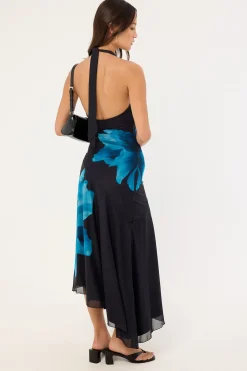 Belle Halter Midi Dress Blue Print