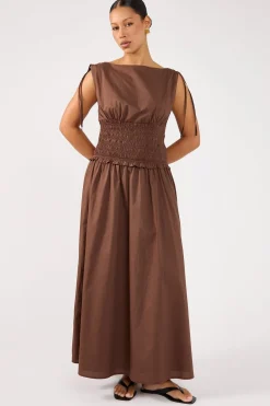 Bello Shirred Boat Neck Maxi Dress Brown