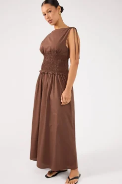 Bello Shirred Boat Neck Maxi Dress Brown