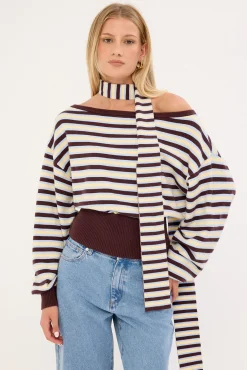 Blanca Stripe Off Shoulder Scarf Knit Brown Stripe