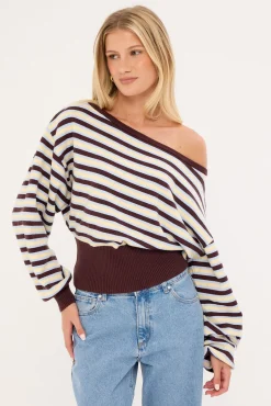 Blanca Stripe Off Shoulder Scarf Knit Brown Stripe