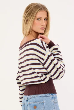 Blanca Stripe Off Shoulder Scarf Knit Brown Stripe