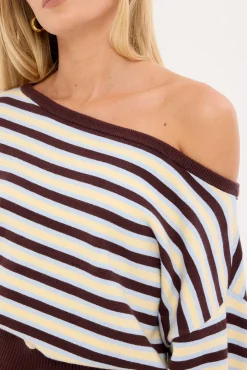Blanca Stripe Off Shoulder Scarf Knit Brown Stripe