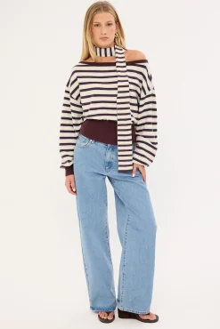 Blanca Stripe Off Shoulder Scarf Knit Brown Stripe