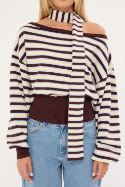 Blanca Stripe Off Shoulder Scarf Knit Brown Stripe