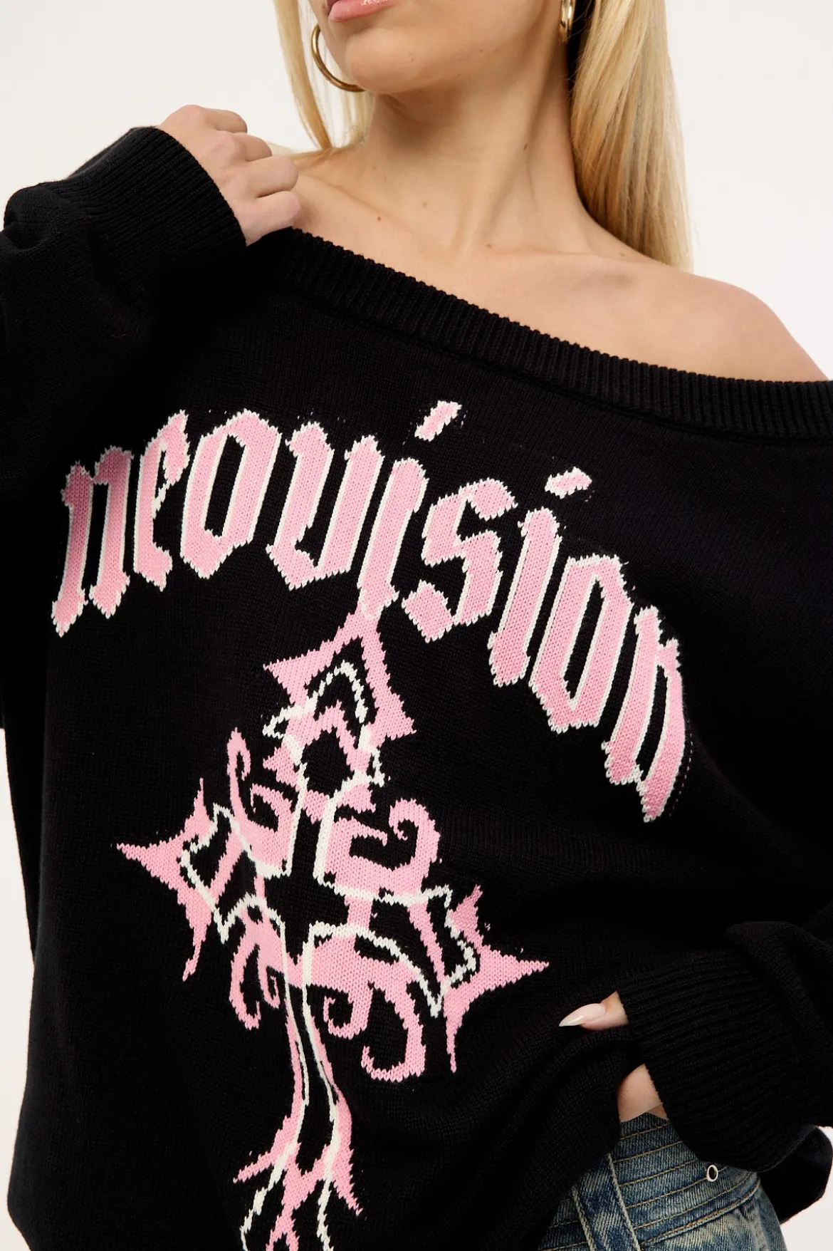 Blessed Off Shoulder Intarsia Knit Jumper Black