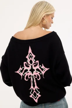 Blessed Off Shoulder Intarsia Knit Jumper Black