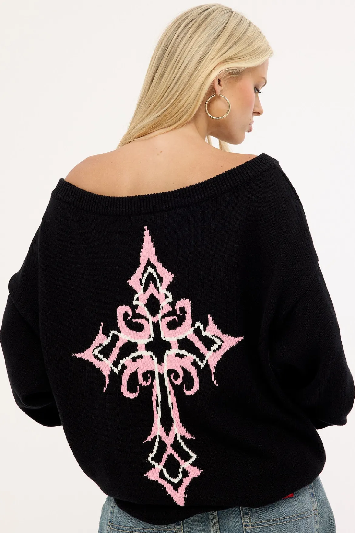Blessed Off Shoulder Intarsia Knit Jumper Black