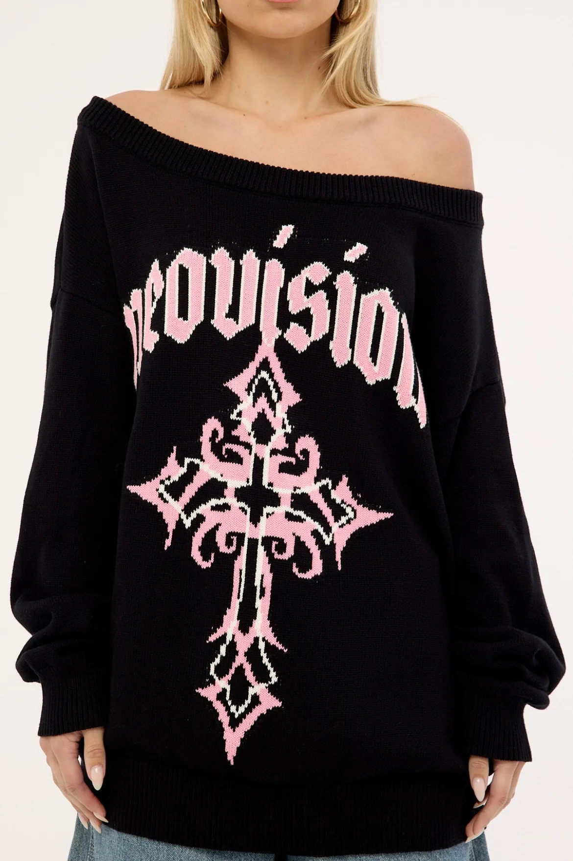 Blessed Off Shoulder Intarsia Knit Jumper Black