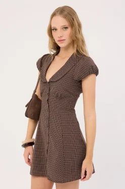Bliana Collar Mini Dress Brown Check