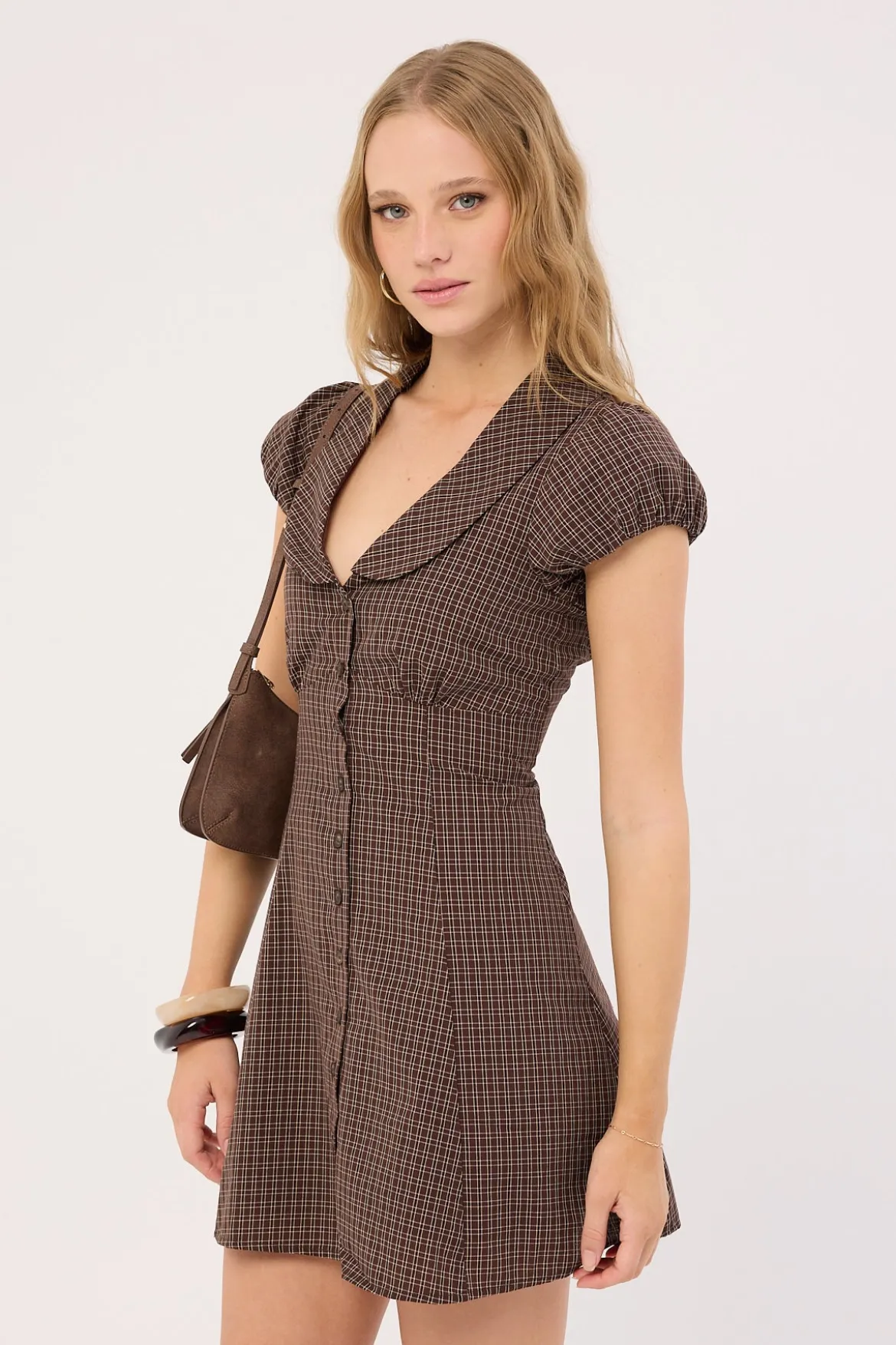Bliana Collar Mini Dress Brown Check