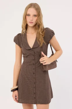 Bliana Collar Mini Dress Brown Check