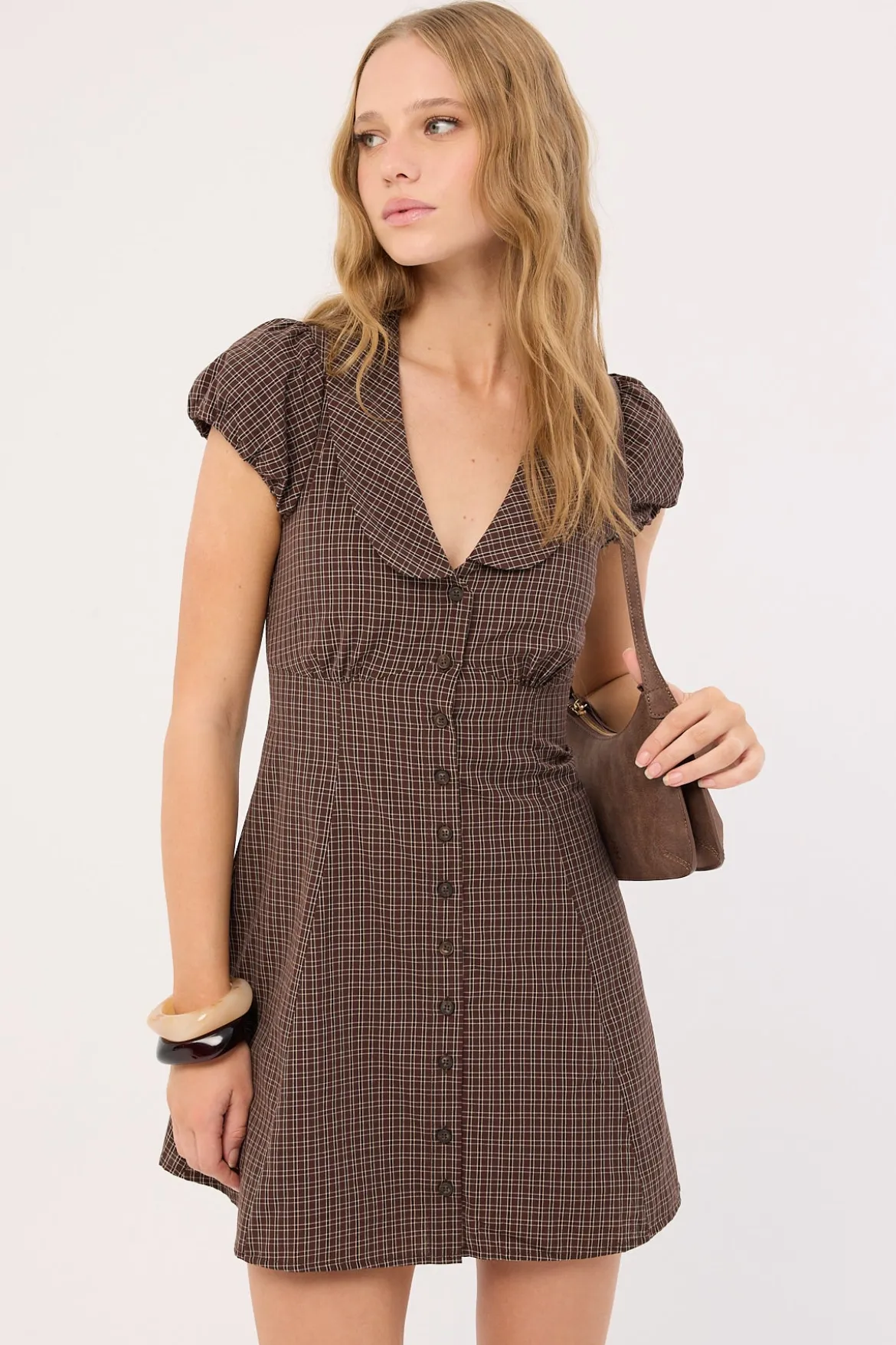 Bliana Collar Mini Dress Brown Check