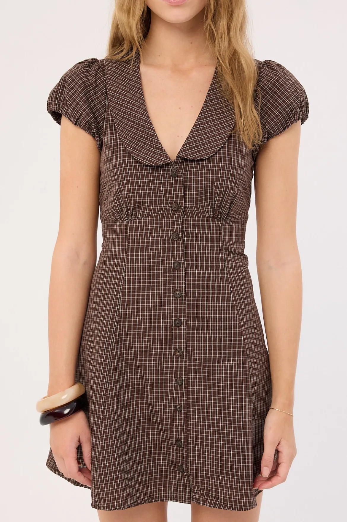 Bliana Collar Mini Dress Brown Check