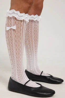 Boudoir Ruffle Trim Knee High Socks White