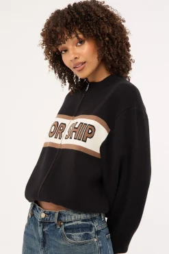 Brassy Zip Front Knit Jacket Black