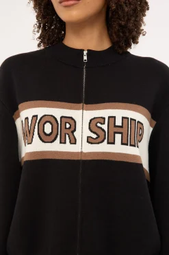 Brassy Zip Front Knit Jacket Black