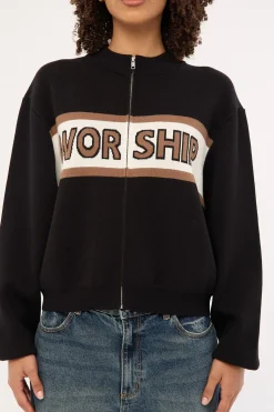 Brassy Zip Front Knit Jacket Black