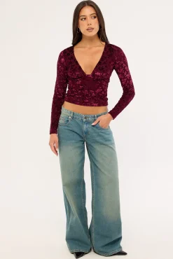 Bridie Flocked Long Sleeve Top Burgundy