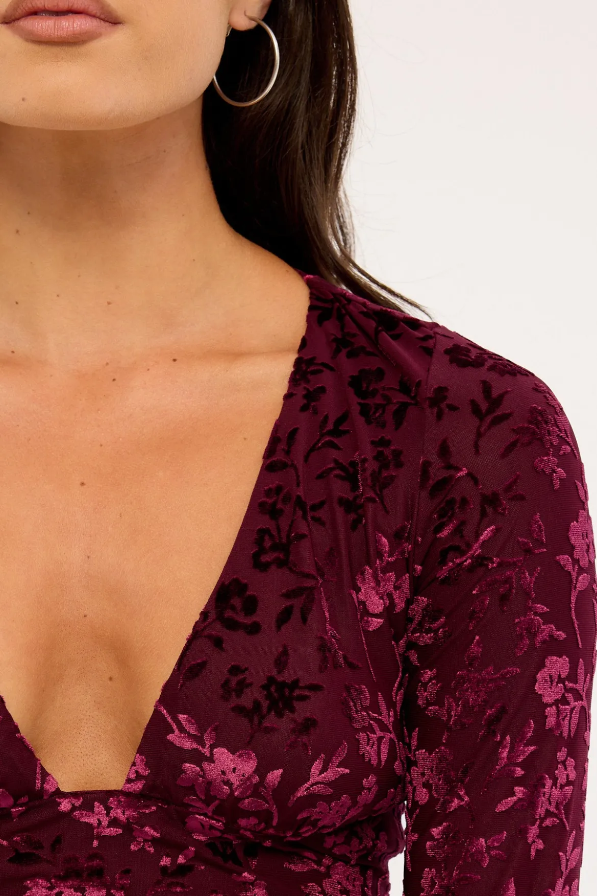 Bridie Flocked Long Sleeve Top Burgundy