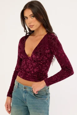 Bridie Flocked Long Sleeve Top Burgundy