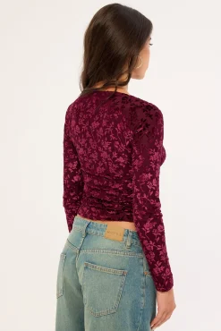 Bridie Flocked Long Sleeve Top Burgundy