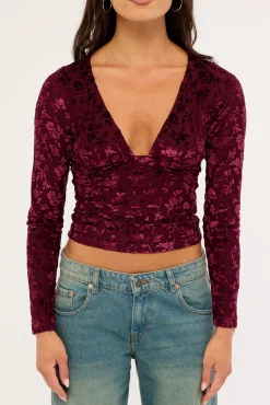 Bridie Flocked Long Sleeve Top Burgundy