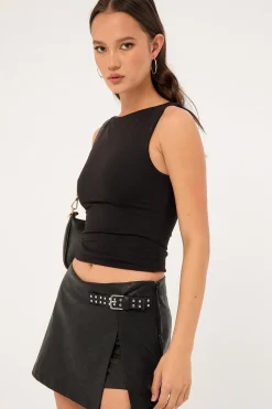 Buckle Mid Rise PU Skort Black