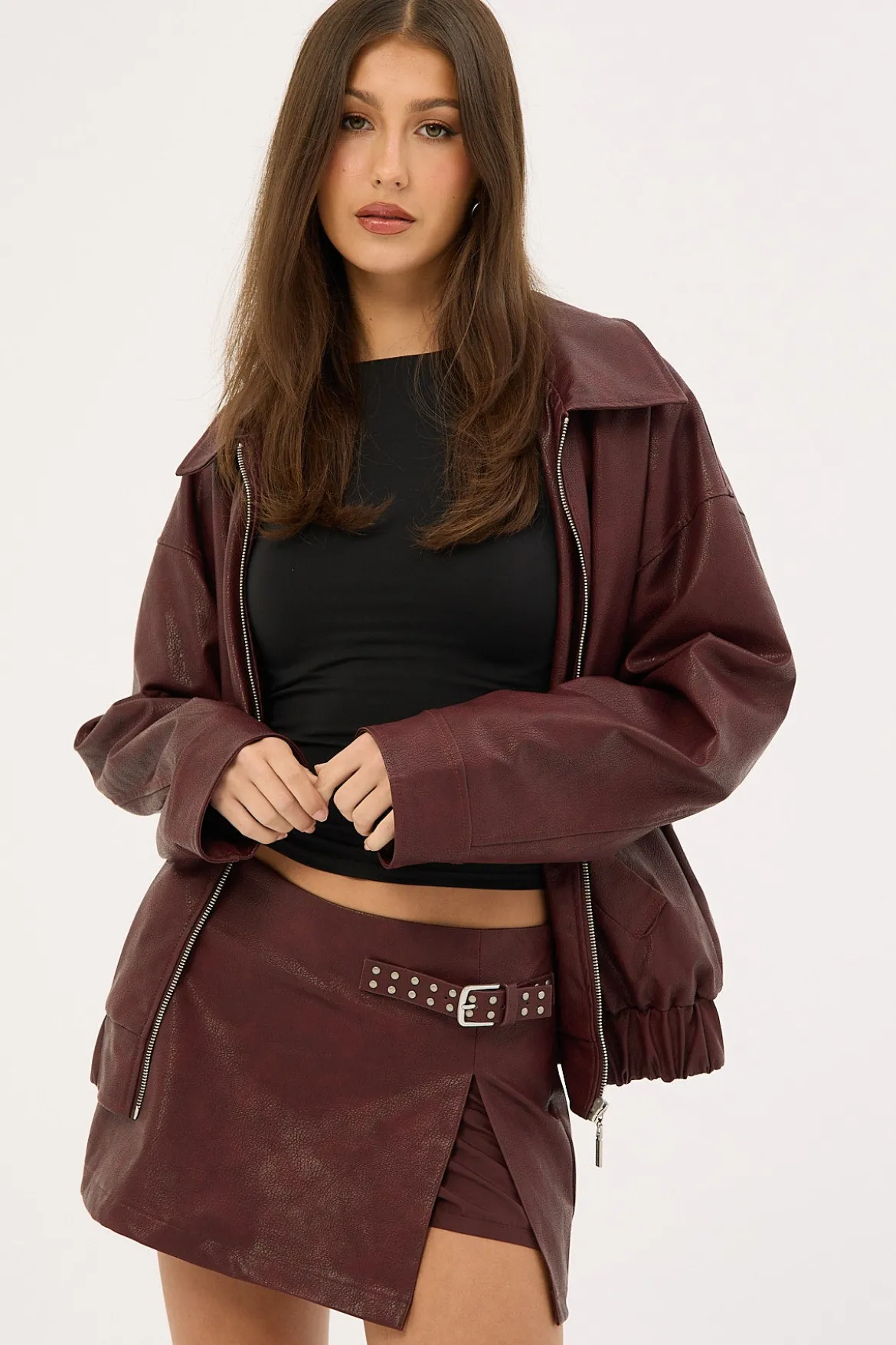 Buckle Mid Rise PU Skort Burgundy