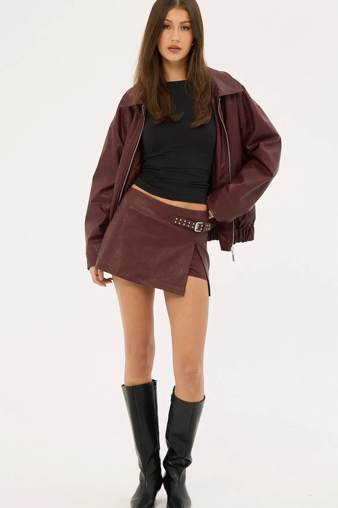 Buckle Mid Rise PU Skort Burgundy