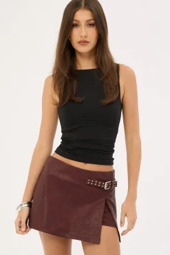 Buckle Mid Rise PU Skort Burgundy