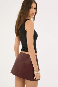 Buckle Mid Rise PU Skort Burgundy