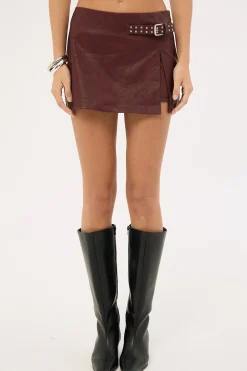 Buckle Mid Rise PU Skort Burgundy