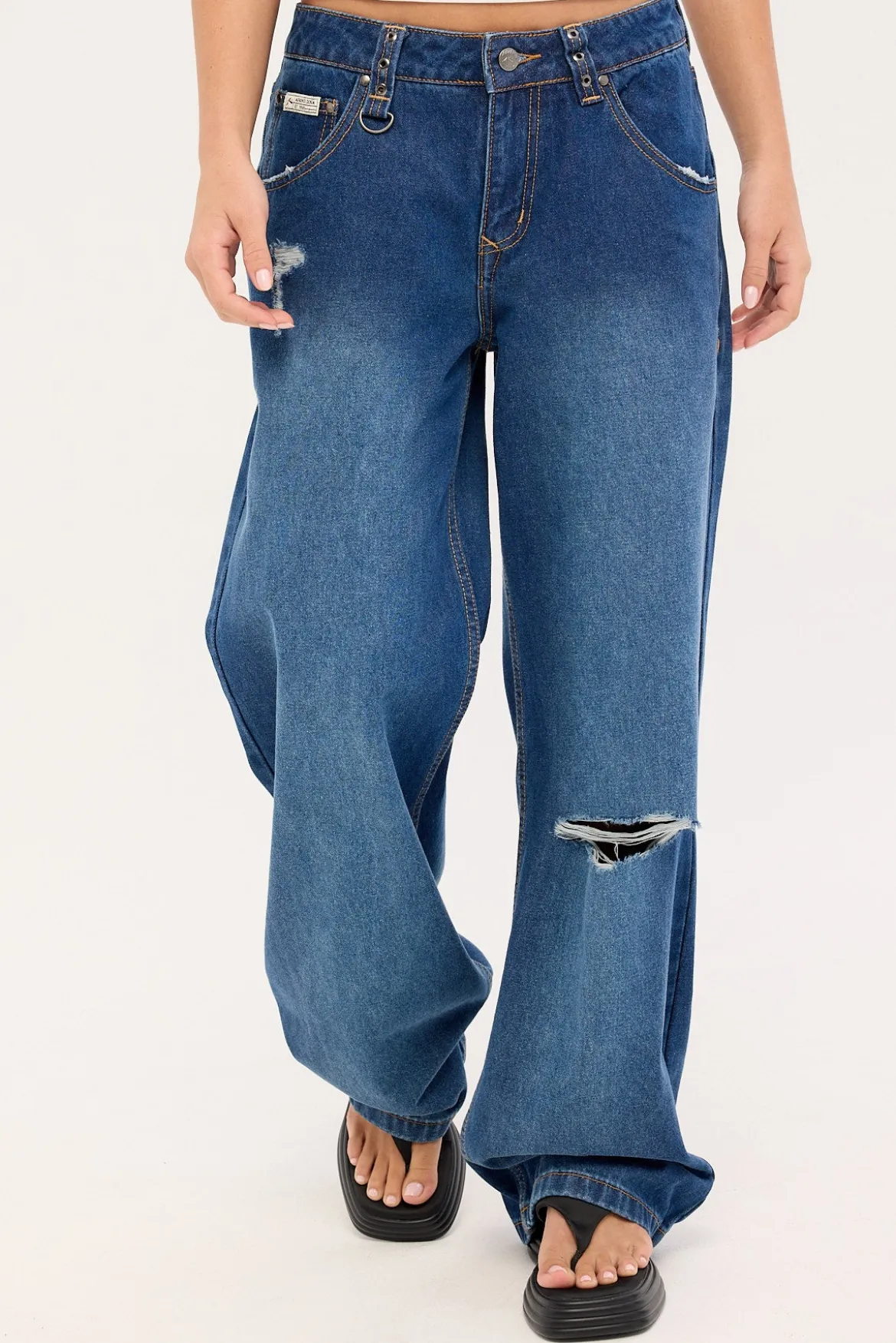 Burn Baby Loose Low Rise Jean Blasted Deep Sea Blue Denim