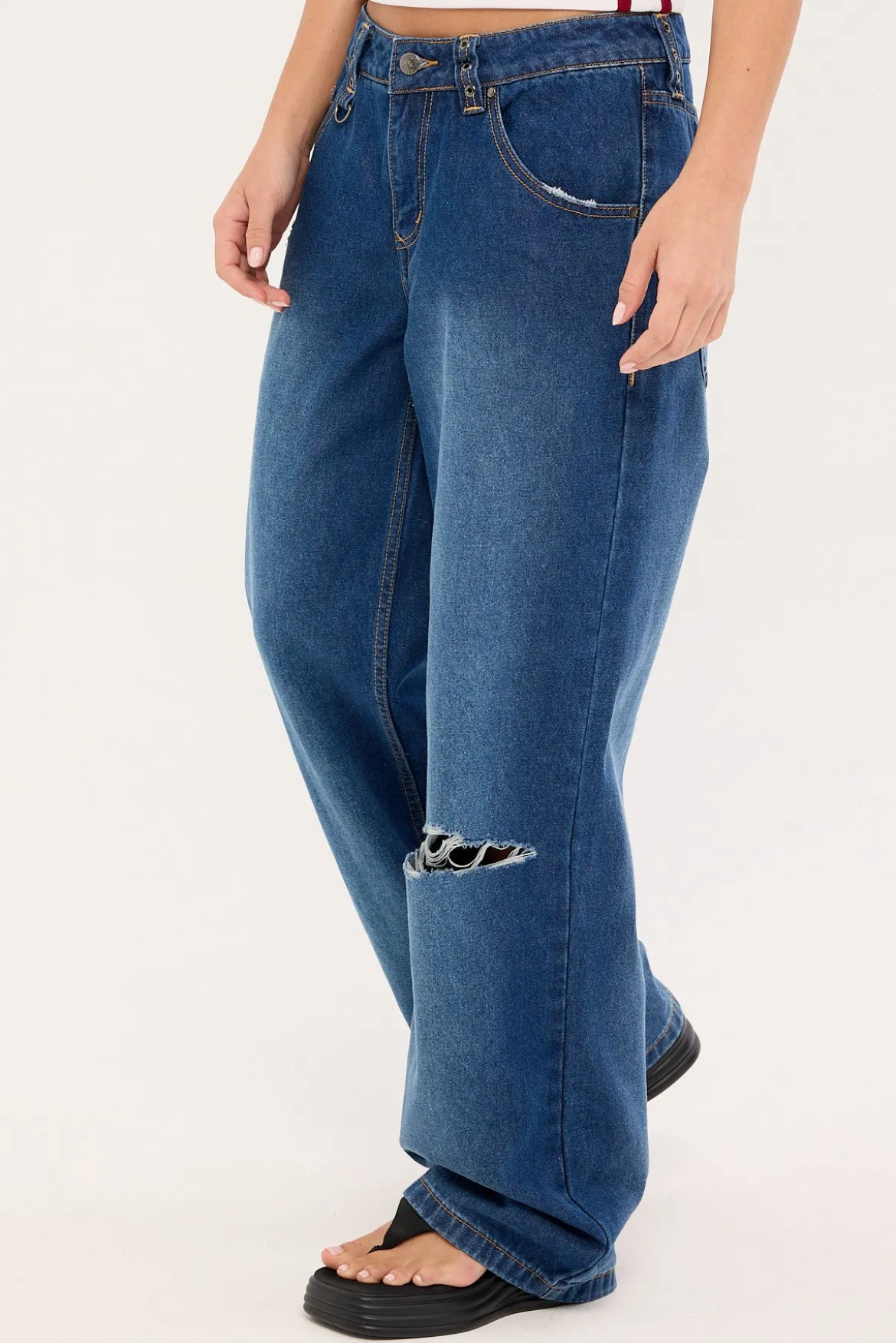 Burn Baby Loose Low Rise Jean Blasted Deep Sea Blue Denim