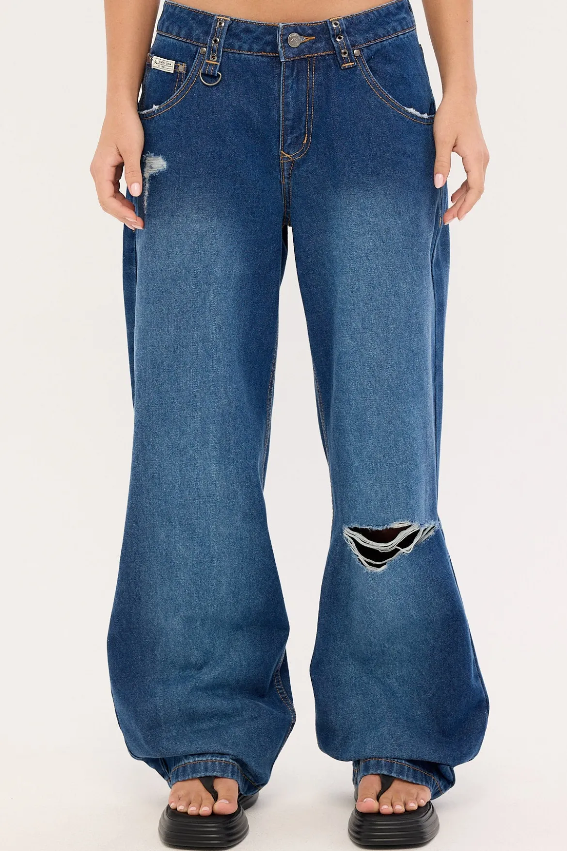 Burn Baby Loose Low Rise Jean Blasted Deep Sea Blue Denim