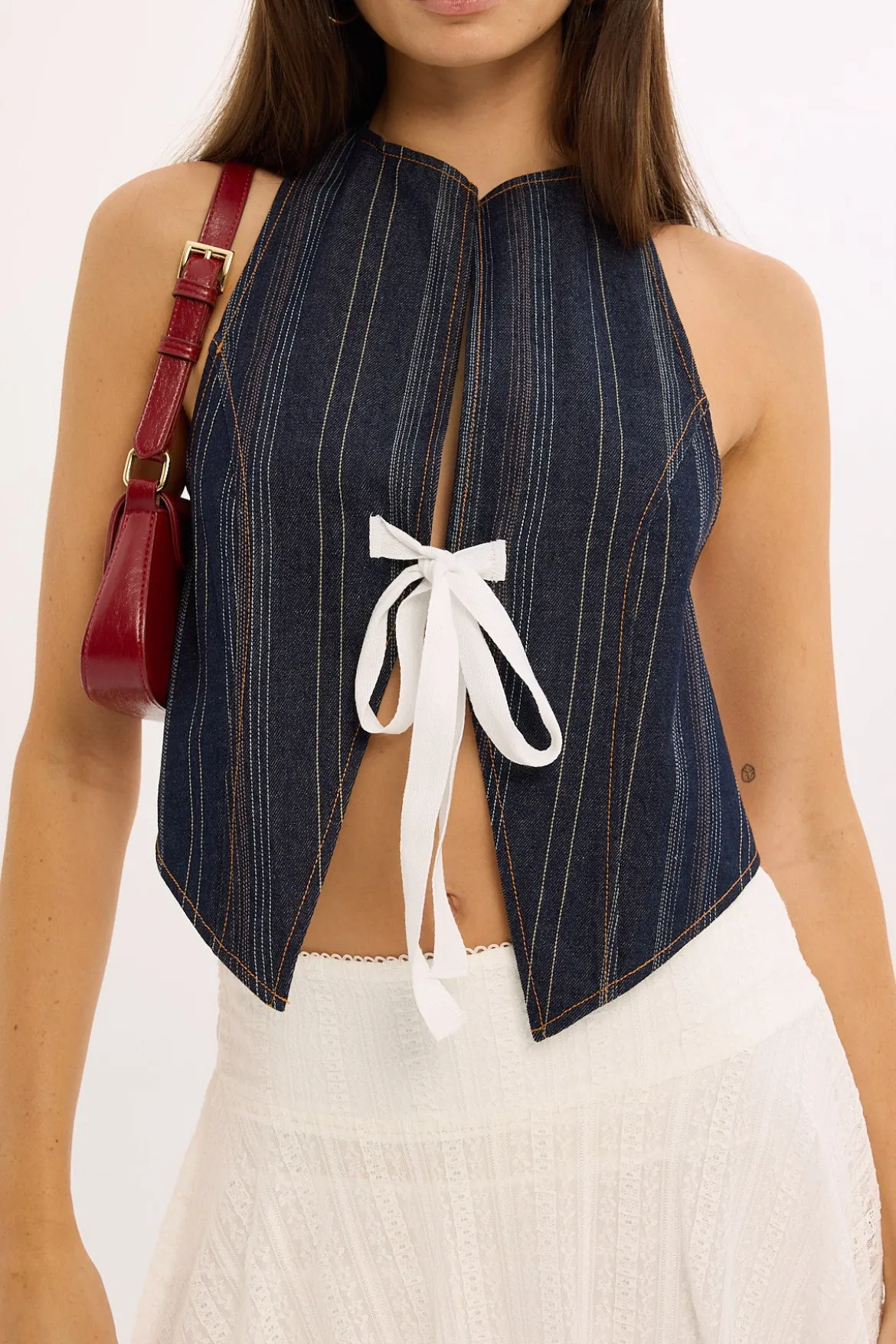 Butterfly Tie Top Dark Denim Stripe