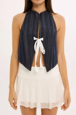 Butterfly Tie Top Dark Denim Stripe
