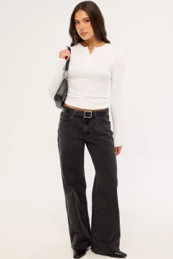 Button Front Long Sleeve T-shirt White