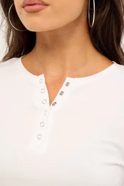 Button Front Long Sleeve T-shirt White
