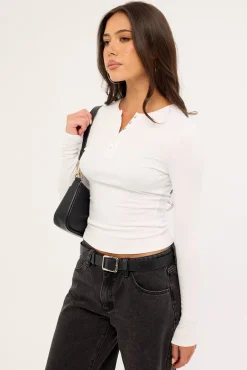 Button Front Long Sleeve T-shirt White
