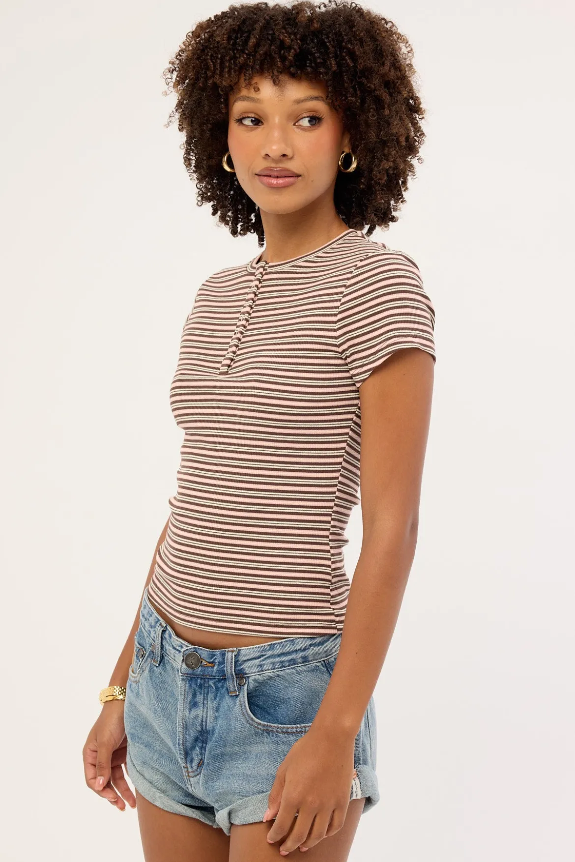 Button Front T-shirt Pink and Brown Stripe