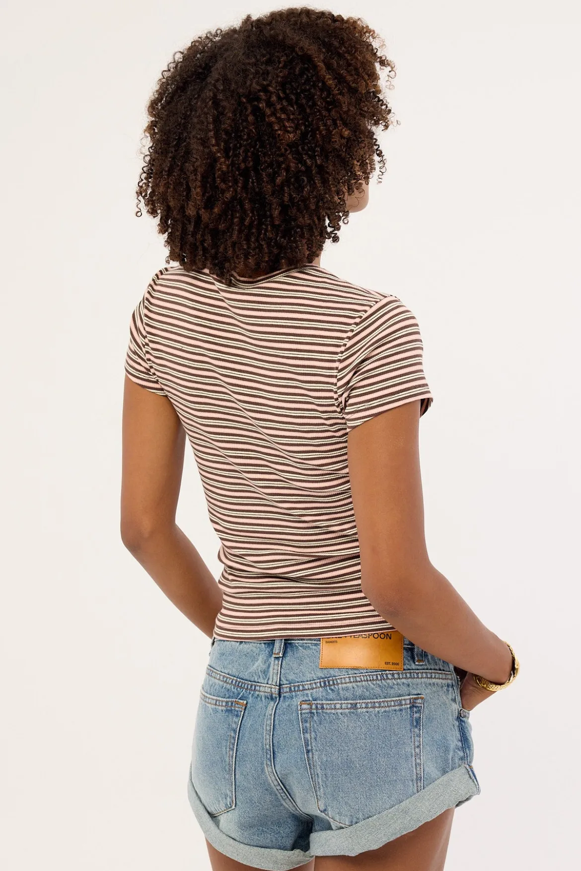 Button Front T-shirt Pink and Brown Stripe