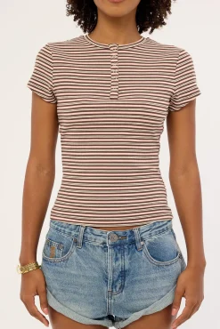 Button Front T-shirt Pink and Brown Stripe